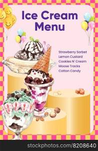 Menu template with sundae ice cream concept, watercolor style 