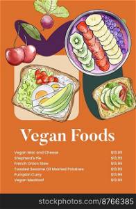 Menu template with vegan food conncept,watercolor style 