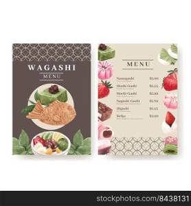 Menu template with wagashi Japanese dessert concept,watercolor style 