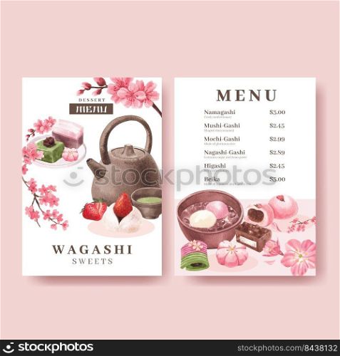 Menu template with wagashi Japanese dessert concept,watercolor style 