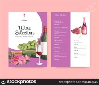 Menu template with wine party concept,watercolor style 