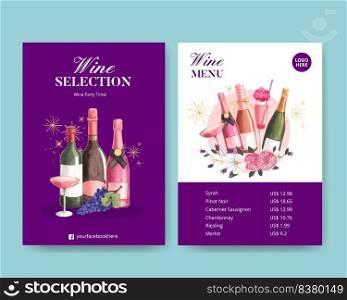 Menu template with wine party concept,watercolor style
