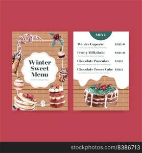Menu template with winter sweets concept design for restaurant and bistro watercolor vector illustration 