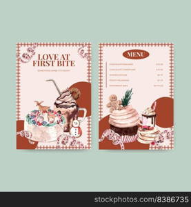 Menu template with winter sweets concept design for restaurant and bistro watercolor vector illustration 