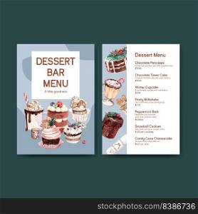 Menu template with winter sweets concept design for restaurant and bistro watercolor vector illustration
