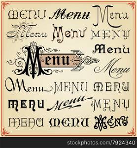 Menu vintage retro style decorative calligraphic letterings fonts