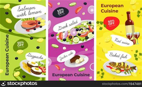 Menu with dishes and discounts, european cuisine meals and food. Salmon and seafood, meat and gazpacho served with bottle of beverage. Advertisement and promotion banner. Vector in flat style. European cuisine, menu with dishes and discounts