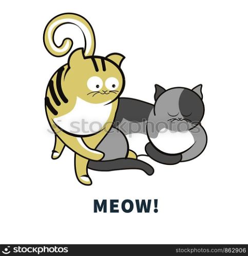 Meow sign on poster with adorable cats with funny faces. Cute pets that play and sleep. Kittens with ridiculous muzzles and long tails isolated cartoon flat vector illustration on white background.. Meow poster with adorable cats with funny faces