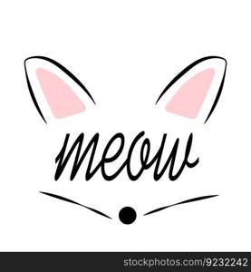 Meow word cat animal ears isolated on white background flat lifestyle illustration girls glamour trendy pink and black doodle
