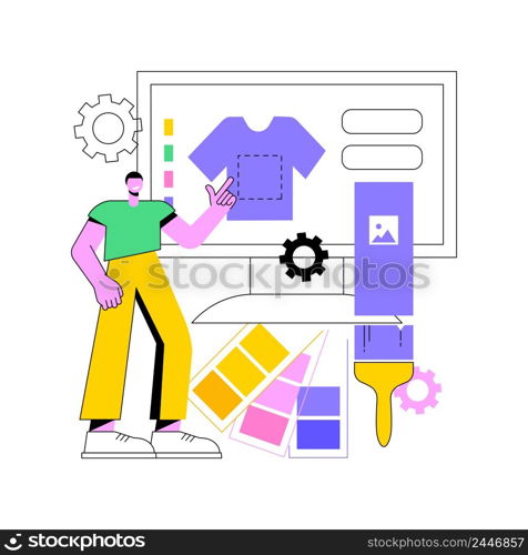 Merch clothing abstract concept vector illustration. Event apparel, custom merchandise products, merch design service, branded print on clothing, merch maker online website abstract metaphor.. Merch clothing abstract concept vector illustration.