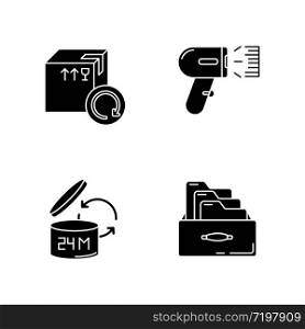 Merchandise quality accounting and control black glyph icons set on white space. Goods shelf life, barcode scanning. Product selling and return. Silhouette symbols. Vector isolated illustration