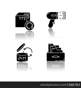 Merchandise quality accounting and control drop shadow black glyph icons set.. Goods shelf life checking, barcode scanning. Product selling and return. Isolated vector illustrations on white space