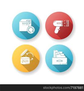 Merchandise quality accounting and control flat design long shadow glyph icons set. Goods shelf life checking, barcode scanning. Product selling and return. Silhouette RGB color illustration
