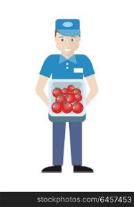 Merchandiser with Tomatoes in Track. Profession series. Young man sales assistant, merchandiser with tomatoes in track. Seller holds box in his hands. Shop assistant isolated on white. Salesman on his working place. Vector illustration