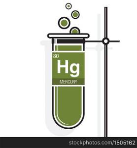 Mercury symbol on label in a green test tube with holder. Element number 80 of the Periodic Table of the Elements - Chemistry