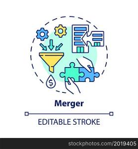 Merger concept icon. External expansion abstract idea thin line illustration. Fusion of two companies into one. Business alliance. Vector isolated outline color drawing. Editable stroke. Merger concept icon