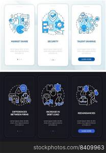 Merger objectives night and day mode onboarding mobile app screen. Walkthrough 3 steps editable graphic instructions with linear concepts. UI, UX, GUI template. Myriad Pro-Bold, Regular fonts used. Merger objectives night and day mode onboarding mobile app screen
