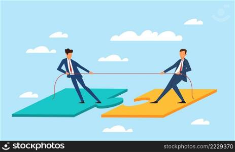 Merger, people cooperation and collaboration. Businessmen connect huge puzzles, plays play tug of war game. Corporate partner, support and unity. Vector cartoon flat isolated teamwork business concept. Merger, people cooperation and collaboration. Businessmen connect huge puzzles, plays play tug of war game. Support and unity. Vector cartoon flat isolated teamwork business concept