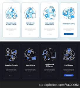 Merger stages night and day mode onboarding mobile app screen. Walkthrough 4 steps editable graphic instructions with linear concepts. UI, UX, GUI template. Myriad Pro-Bold, Regular fonts used. Merger stages night and day mode onboarding mobile app screen