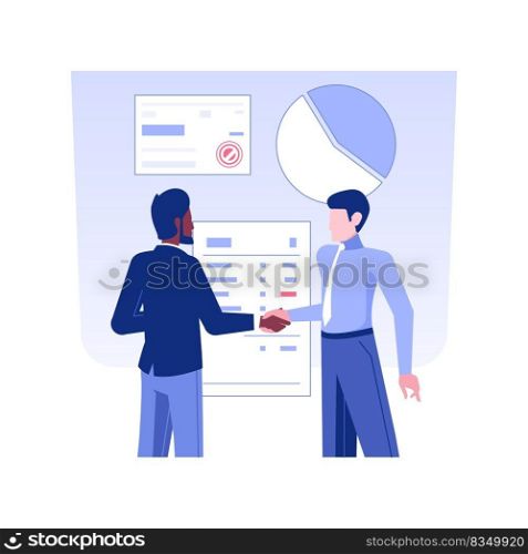 Merging companies isolated concept vector illustration. Business partners shake hands, collaboration deal, investment banks, bank, corporate banking, successful deal vector concept.. Merging companies isolated concept vector illustration.