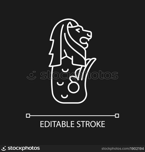 Merlion statue white linear icon for dark theme. Half fish and half lion mascot. Mythical creature. Thin line customizable illustration. Isolated vector contour symbol for night mode. Editable stroke. Merlion statue white linear icon for dark theme