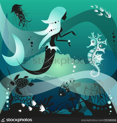 Mermaid and marine creatures underwater life scene. Dream contest. Vector illustration.