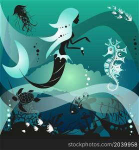 Mermaid and marine creatures underwater life scene. Dream contest. Vector illustration.