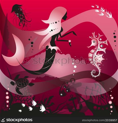 Mermaid and sea creatures underwater. Dream contest, red colored background. Vector illustration.