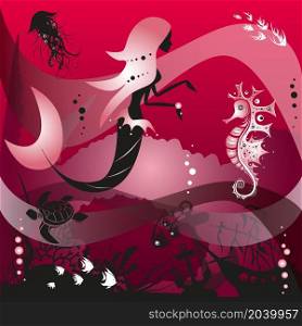 Mermaid and sea creatures underwater. Dream contest, red colored background. Vector illustration.