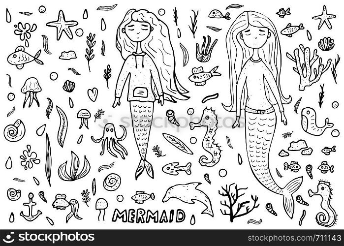 Mermaid and sea set in doodle style. Collection of sketch underwater symbols. Vector illustration.