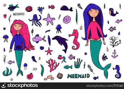 Mermaid and sea set in doodle style. Collection of underwater characters and elements. Vector illustration.