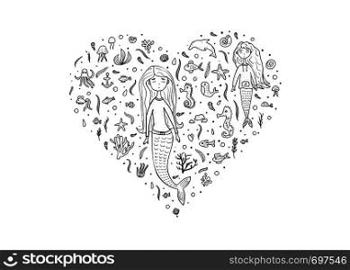 Mermaid and sea set in doodle style. Heart composition of underwater elements. Vector illustration.