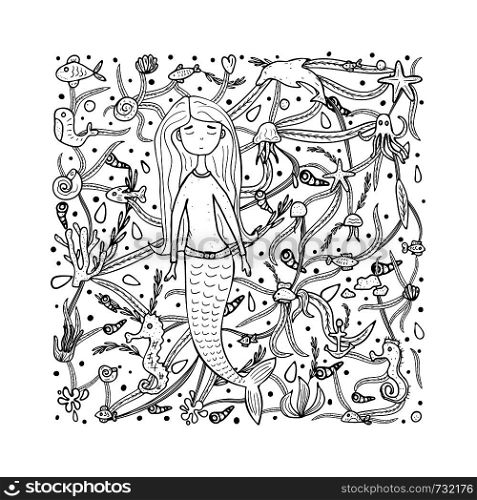 Mermaid and sea set in doodle style. Square composition of underwater symbols. Vector illustration.