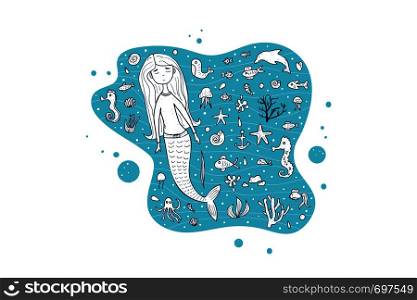 Mermaid and sea set in doodle style. Vector illustration.