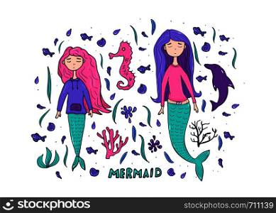 Mermaid and sea set in doodle style. Vector illustration.