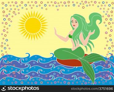 Mermaid as a mythical girl on the sea waves in the warm season, hand drawing vector illustration