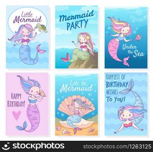 Mermaid cards. Creative postcard with mythical cute princesses and sea creatures template for birthday, party invitations, kid greeting scrapbook vector set. Mermaid cards. Creative postcard with mythical cute princesses and sea creatures template for birthday, party invitations, scrapbook vector set