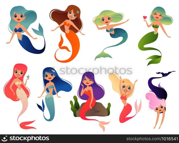 Mermaid characters. Teen swimming mystical phantasy princess underwater woman vector cartoon mascot. Illustration of mermaid character, underwater siren princess. Mermaid characters. Teen swimming mystical phantasy princess underwater woman vector cartoon mascot