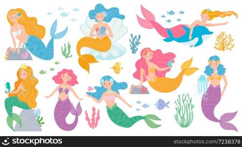 Mermaid. Cute mythical princess, little mermaids and dolphin, seashell and seaweeds, fishes and corals underwater game vector characters. Fairytale girls with colorful hair for fabric print. Mermaid. Cute mythical princess, little mermaids and dolphin, seashell and seaweeds, fishes and corals underwater game vector characters
