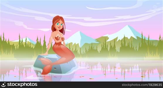 Mermaid girl sitting on stone in lake. Vector cartoon illustration of beautiful fairy tale woman with fish tail and landscape with river, forest on shore and mountains. Mermaid girl sitting on stone in lake
