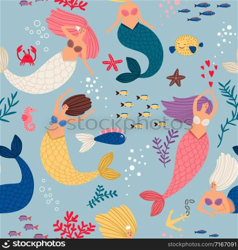 Mermaid girls pattern. Cute mermaids, algae and corals seamless pattern, ocean underwater magic female swimmers vector illustration. Mermaid girls pattern