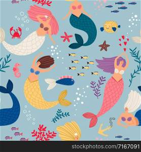 Mermaid girls pattern. Cute mermaids, algae and corals seamless pattern, ocean underwater magic female swimmers vector illustration. Mermaid girls pattern