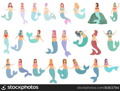 Mermaid icons set cartoon vector. Cute girl. Fairy water character. Mermaid icons set cartoon vector. Cute girl