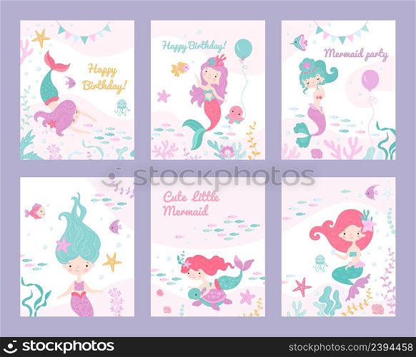 Mermaid invite cards. Children invitation, birthday party or postcards posters with mermaids and fish. Underwater tale characters on nowaday vector baby banners. Illustration of mermaid cards. Mermaid invite cards. Children invitation, birthday party or postcards posters with mermaids and fish. Underwater tale characters on nowaday vector baby banners