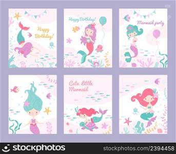 Mermaid invite cards. Children invitation, birthday party or postcards posters with mermaids and fish. Underwater tale characters on nowaday vector baby banners. Illustration of mermaid cards. Mermaid invite cards. Children invitation, birthday party or postcards posters with mermaids and fish. Underwater tale characters on nowaday vector baby banners