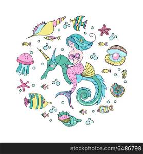 Mermaid, mythological creature. Mermaid riding a sea horse. Surr. Mermaid, mythological creature. Mermaid riding a sea horse. Surrounded by sea fish, shells, jellyfish. Vector illustration. Isolated on a white background.