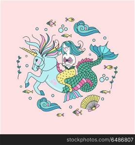 Mermaid, mythological creature. Mermaid riding a sea unicorn. Su. Mermaid, mythological creature. Mermaid riding a sea unicorn. Surrounded by sea fish, shells, jellyfish. Vector illustration. Isolated on a white background.