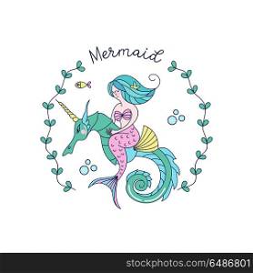 Mermaid, mythological creature. Mermaid riding a sea unicorn. V. Mermaid, mythological creature. Mermaid riding a sea unicorn. Vector illustration. Isolated on a white background.
