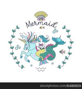 Mermaid, mythological creature. Mermaid riding a sea unicorn. V. MerMermaid, mythological creature. Mermaid riding a sea unicorn. Vector illustration. Isolated on a white background.