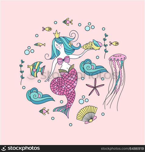 Mermaid, mythological creature. Surrounded by sea fish, shells,. Mermaid, mythological creature. Surrounded by sea fish, shells, jellyfish. Vector illustration. Isolated on a white background.